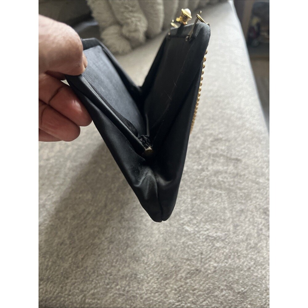 Satin Mother Of Pearl Evening Clutch Gold Bead Chain Strap Vtg Money Class Glam - Picture 7 of 11